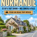 Une voiture sur une route pittoresque en Normandie avec un paysage verdoyant en arrière-plan, idéal pour les chauffeurs professionnels.