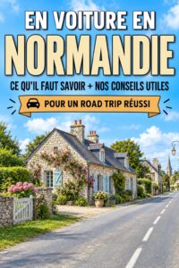 Une voiture sur une route pittoresque en Normandie avec un paysage verdoyant en arrière-plan, idéal pour les chauffeurs professionnels.