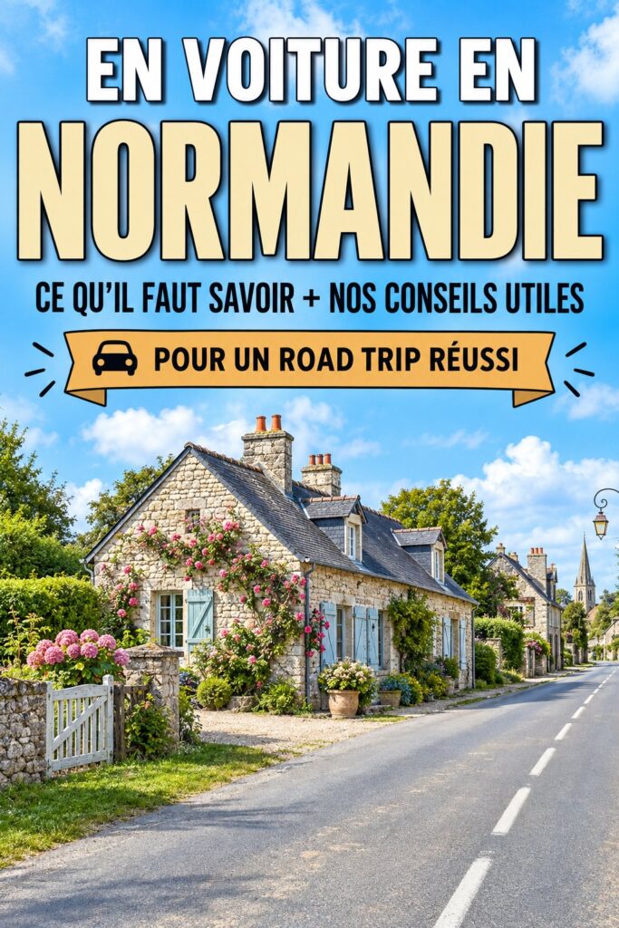 Une voiture sur une route pittoresque en Normandie avec un paysage verdoyant en arrière-plan, idéal pour les chauffeurs professionnels.