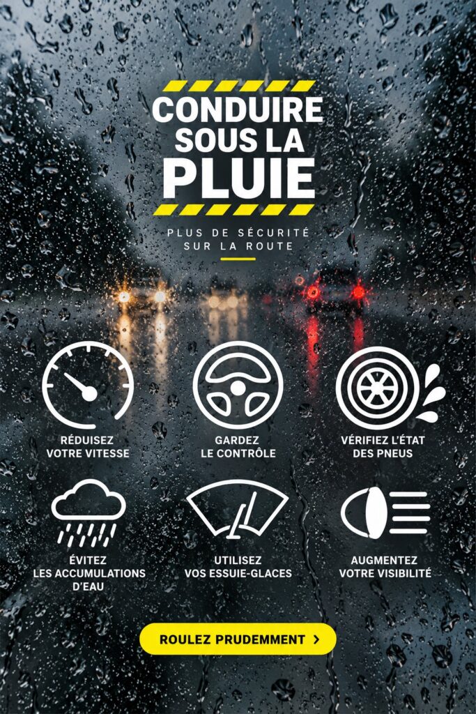 Un véhicule roulant sous la pluie, avec des essuie-glaces en action et des flaques d'eau sur la route.