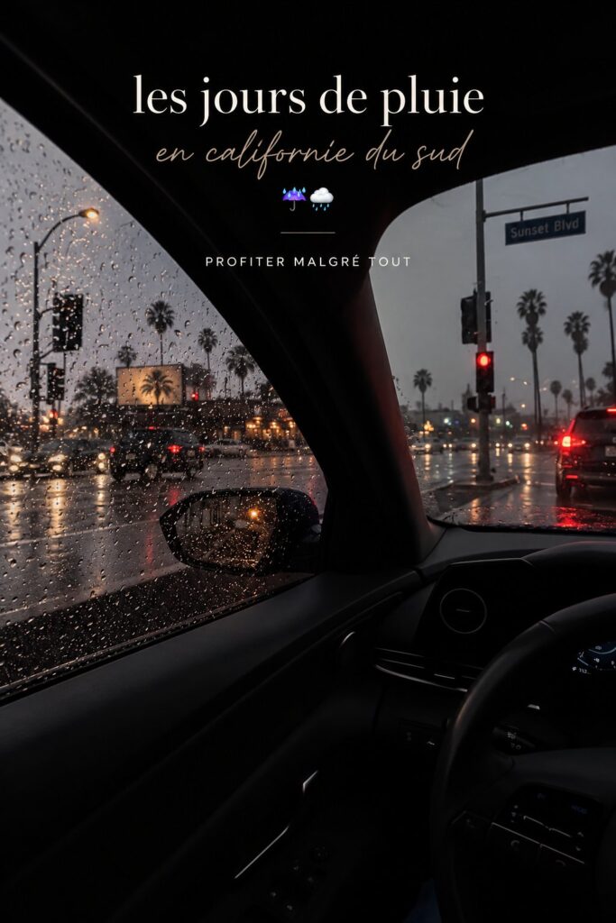 Conductrice sereine en voiture sous la pluie en Californie.