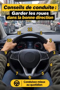 Une femme concentrée au volant de sa voiture en direction sur une route