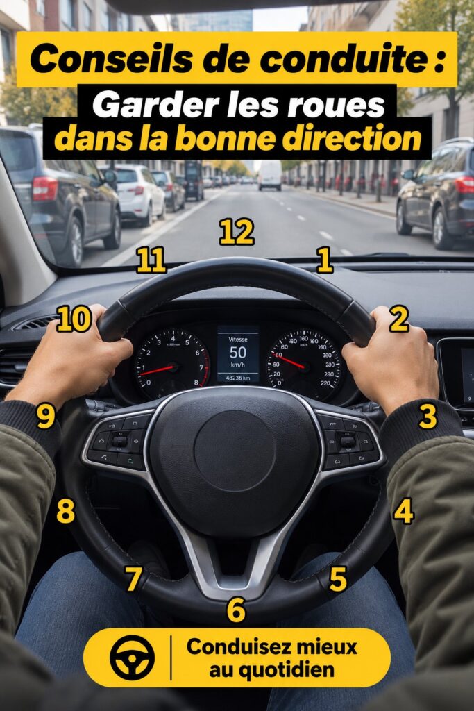Une femme concentrée au volant de sa voiture en direction sur une route