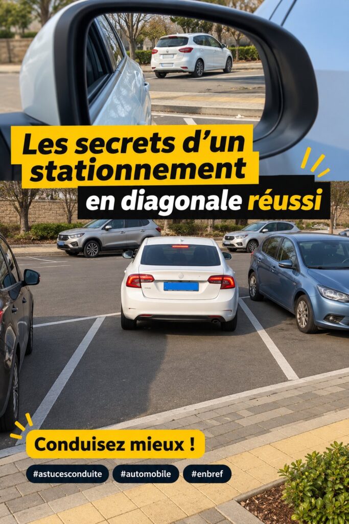 Femme conduisant pour se garer en diagonale, concentrée sur sa manœuvre.