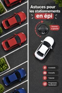 Femme conduisant une voiture avec succès dans un stationnement en biais.