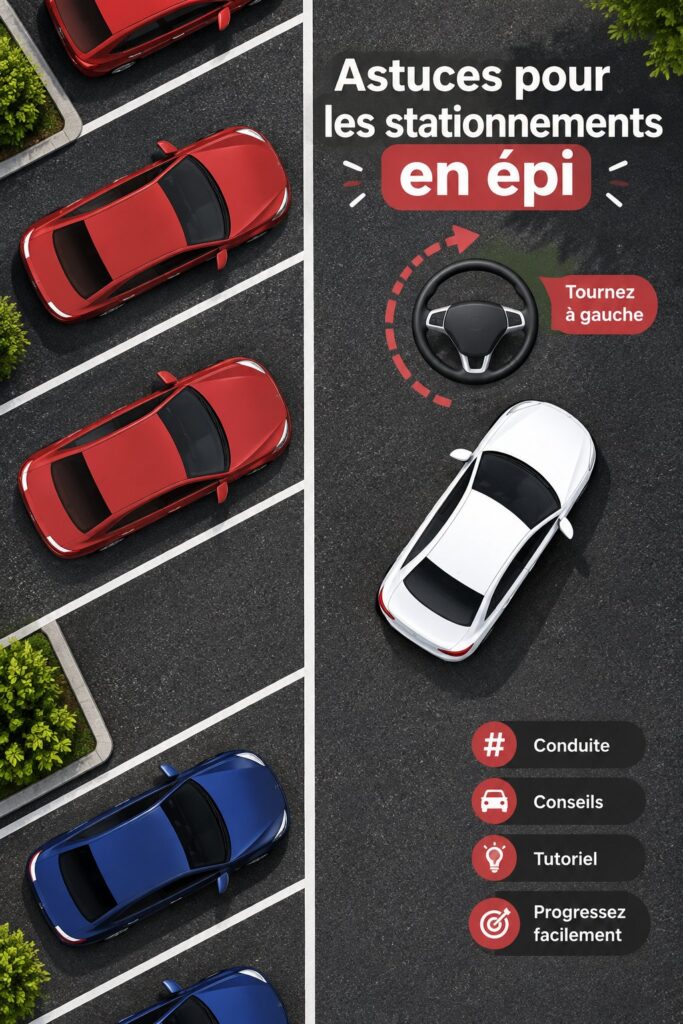 Femme conduisant une voiture avec succès dans un stationnement en biais.