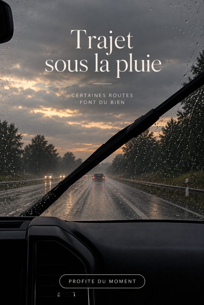 Femme souriante au volant de sa voiture sous la pluie, prête à profiter de son trajet.