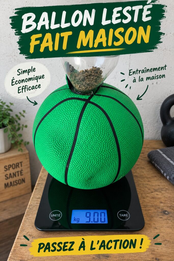 Un Slam Ball fait maison sur un tapis de gym avec des équipements de fitness autour.