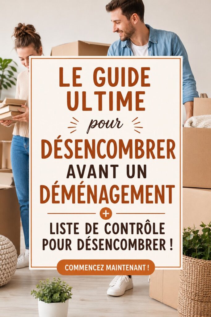 Guide visuel sur le désencombrement avant un déménagement, montrant des boîtes et des objets en train d'être triés.