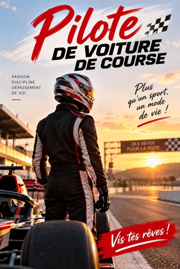 Une femme à bord d'une voiture de course sur la piste, représentant le rêve de devenir pilote.