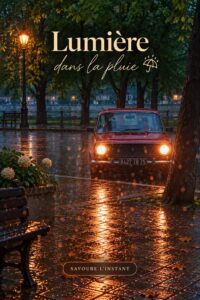 Une voiture conduisant sous la pluie avec des phares allumés pour une meilleure visibilité.