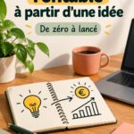Femme réfléchissant à une idée de service, entourée de notes et de matériel de travail.