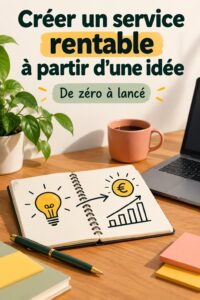 Femme réfléchissant à une idée de service, entourée de notes et de matériel de travail.