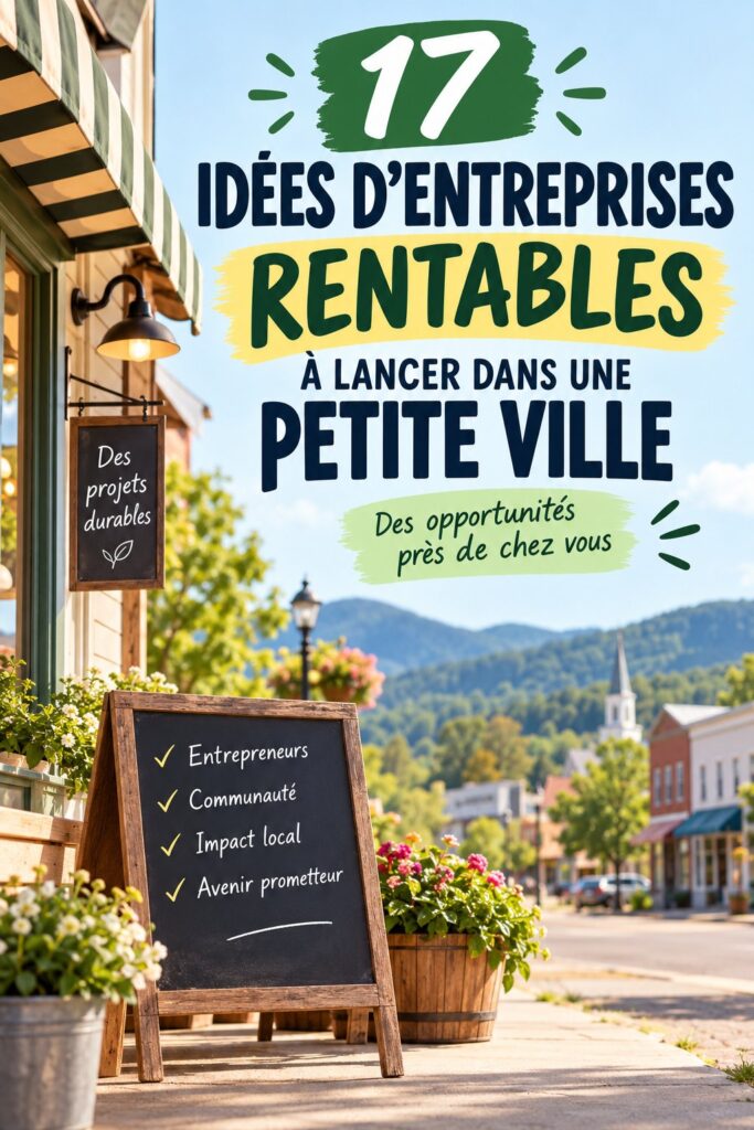 Une femme souriante devant un petit café dans une ville tranquille, symbole de l'entrepreneuriat rural.