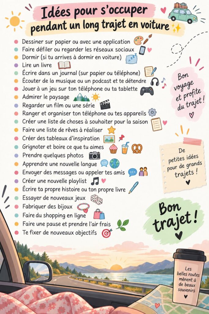 Idées pour des trajets en voiture agréables et divertissants, avec une voiture en chemin