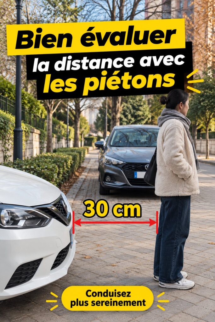 Femme conduisant dans un environnement urbain, en évaluant la distance avec un piéton