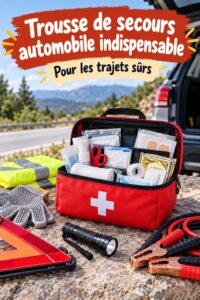 Kit d'urgence automobile avec essentiels pour la sécurité en route et prévention des pannes.