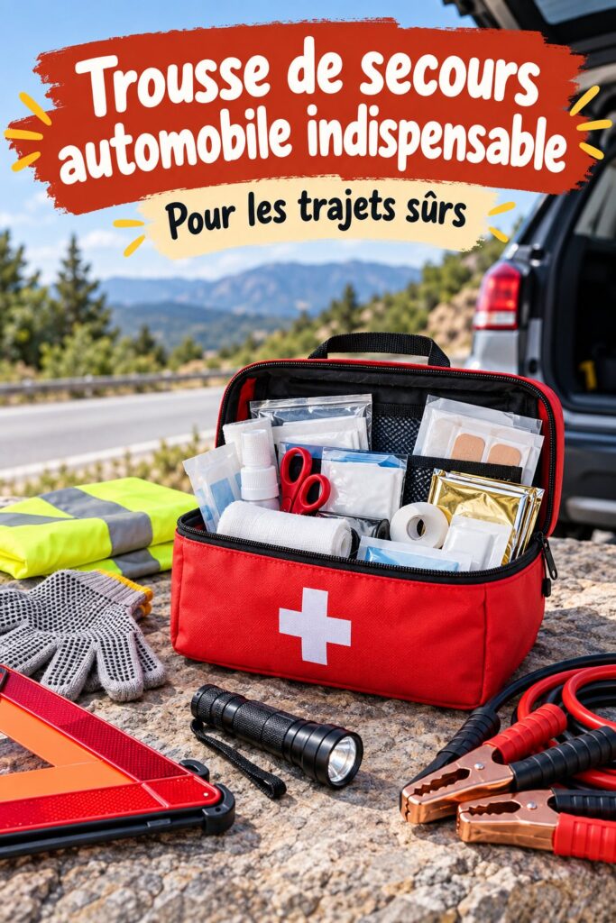 Kit d'urgence automobile avec essentiels pour la sécurité en route et prévention des pannes.