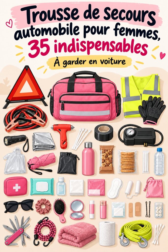 Un kit d'urgence auto bien organisé comprenant divers outils et fournitures essentiels pour femmes chauffeurs.