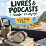 Un conducteur heureuse écoutant un livre audio pendant un road trip.