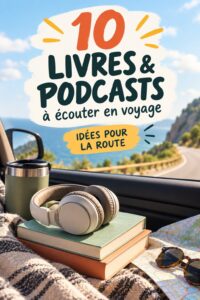 Un conducteur heureuse écoutant un livre audio pendant un road trip.