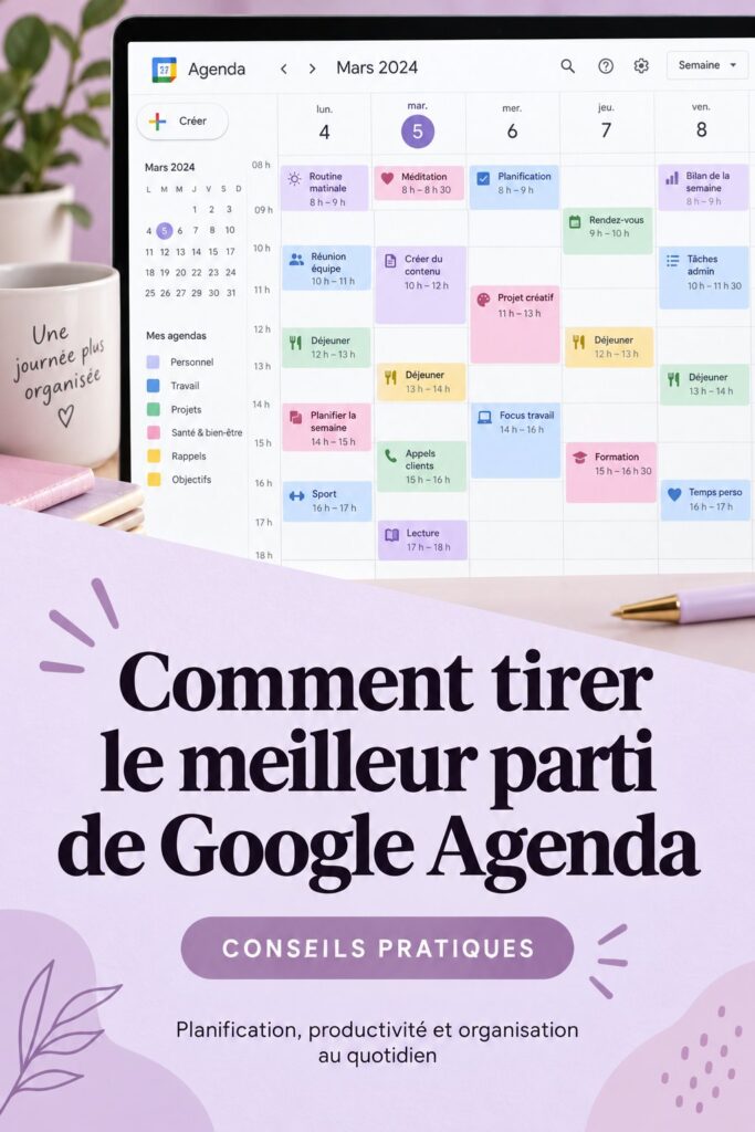 Femme utilisant Google Agenda sur une tablette pour organiser sa semaine de travail.