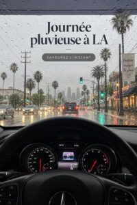 Captivant paysage urbain de Los Angeles sous la pluie, soulignant une atmosphère dynamique.
