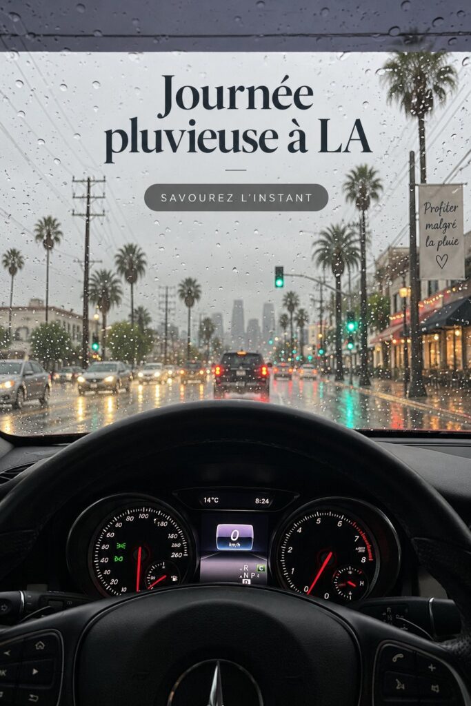 Captivant paysage urbain de Los Angeles sous la pluie, soulignant une atmosphère dynamique.