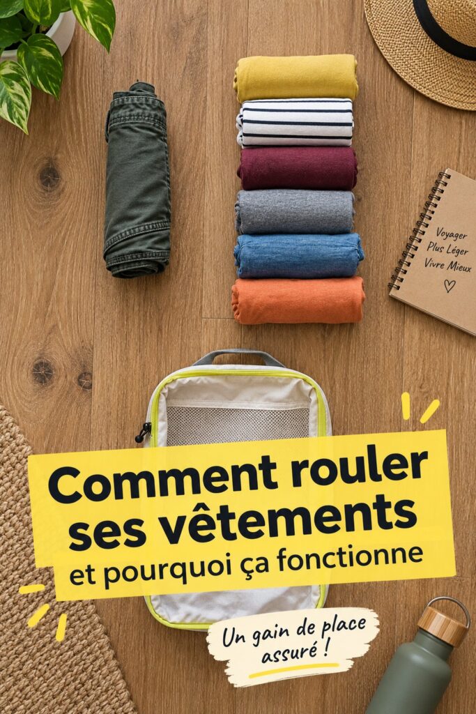 Femme en train de rouler ses vêtements pour optimiser son sac de voyage, méthode pratique pour le transport