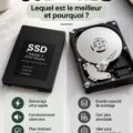 Un ordinateur avec un disque SSD à côté d'un disque HDD, illustrant leurs différences.