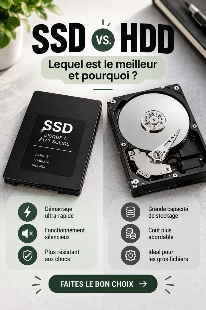 Un ordinateur avec un disque SSD à côté d'un disque HDD, illustrant leurs différences.