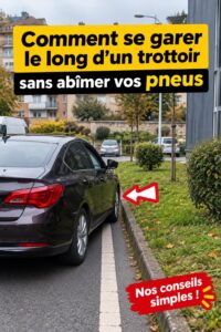 Femme en train de se garer soigneusement en bord de trottoir, voiture à proximité.