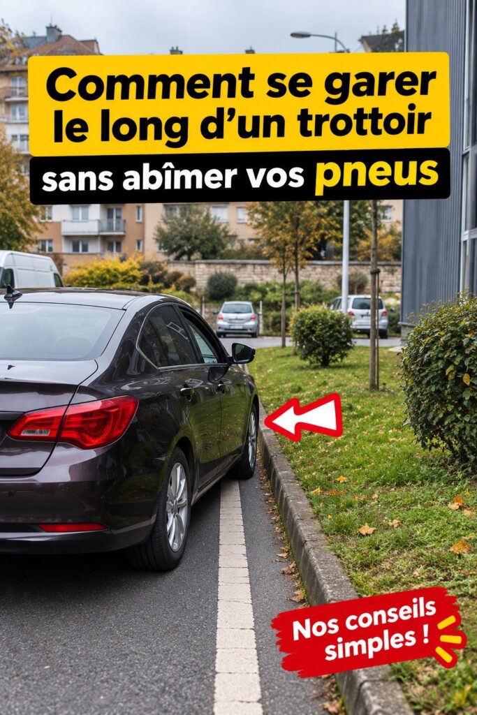 Femme en train de se garer soigneusement en bord de trottoir, voiture à proximité.
