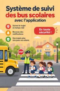 Système de suivi pour bus scolaires, avec une illustration d'une application mobile utilisée par des parents.
