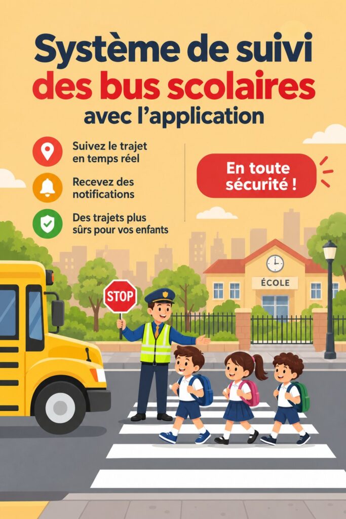 Système de suivi pour bus scolaires, avec une illustration d'une application mobile utilisée par des parents.