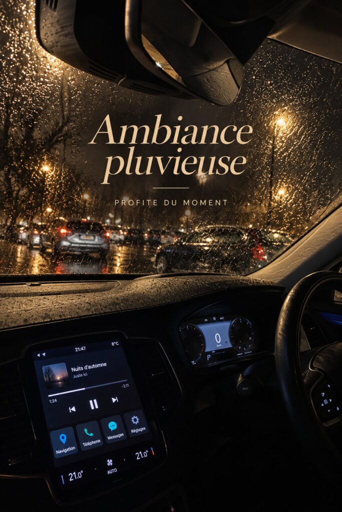 Une voiture sous la pluie avec des gouttes sur le pare-brise, créant une atmosphère apaisante.