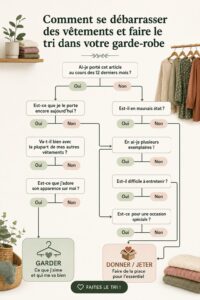 Femme souriante triant des vêtements dans sa garde-robe pour un espace organisé.