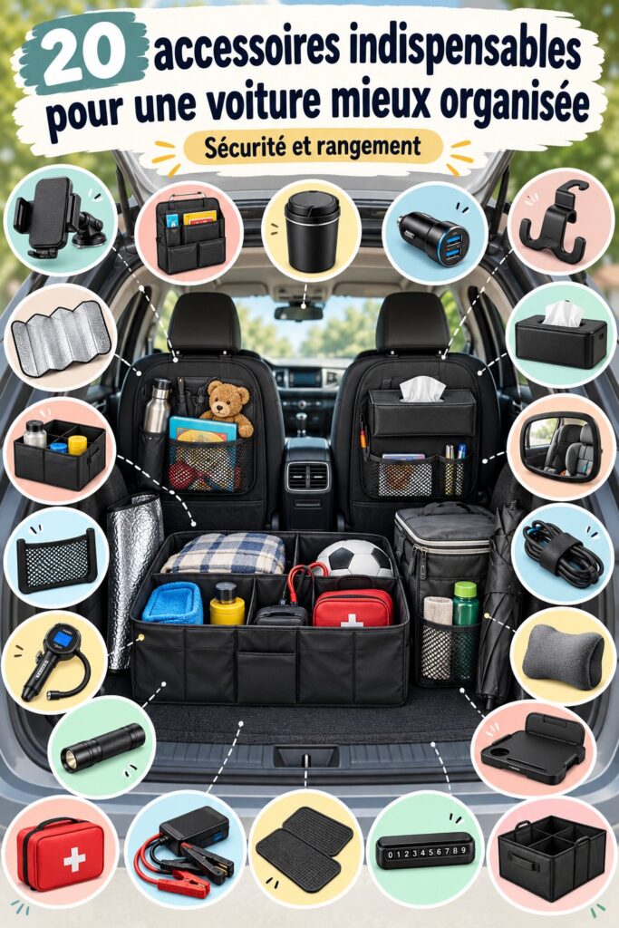 Femme conduisant une voiture bien organisée avec des accessoires pratiques