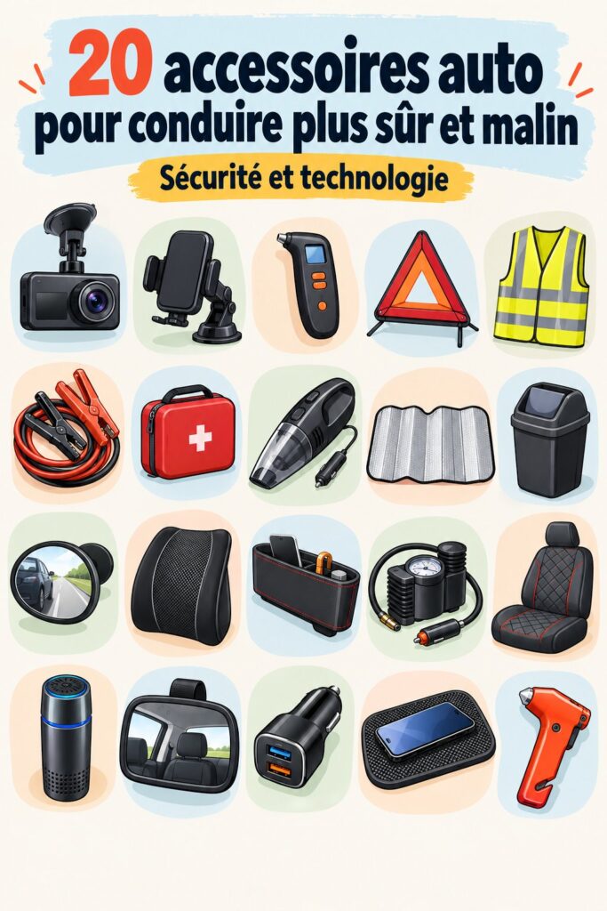 Photo de divers accessoires de voiture pour la sécurité et le confort, mettant en valeur l'importance d'équipements adéquats.