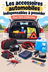Accessoires auto variés sur une table, prêts à être utilisés par un chauffeur professionnel.