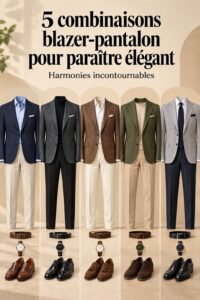 Femme stylée portant un blazer navy et un pantalon gris, reflet d'un style professionnel soigné.