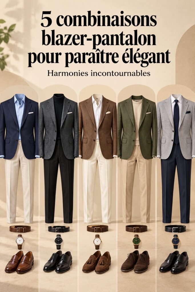 Femme stylée portant un blazer navy et un pantalon gris, reflet d'un style professionnel soigné.