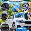 Une femme nettoie l'intérieur de sa voiture avec un produit naturel