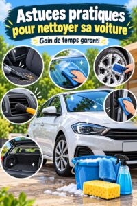 Une femme nettoie l'intérieur de sa voiture avec un produit naturel