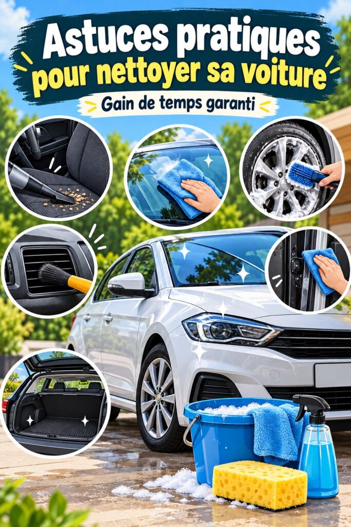 Une femme nettoie l'intérieur de sa voiture avec un produit naturel