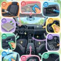 Une main nettoyant l'intérieur d'une voiture avec des produits d'entretien.