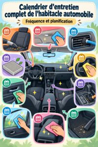 Une main nettoyant l'intérieur d'une voiture avec des produits d'entretien.