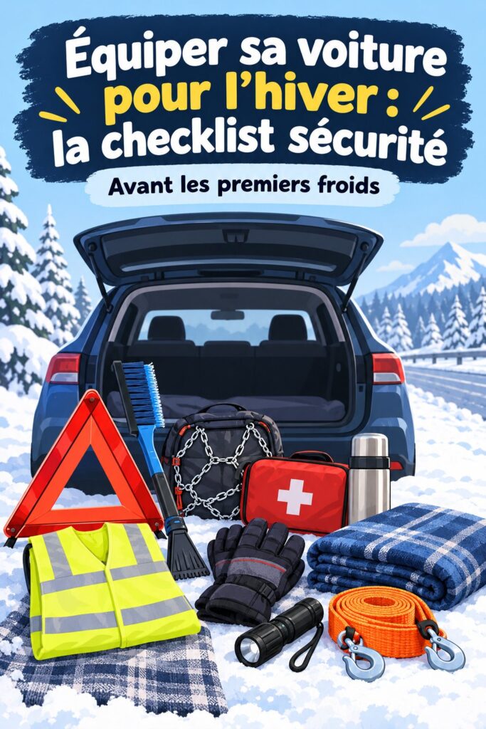 Une voiture équipée de manière sécurisée pour l'hiver avec un kit complet de survie