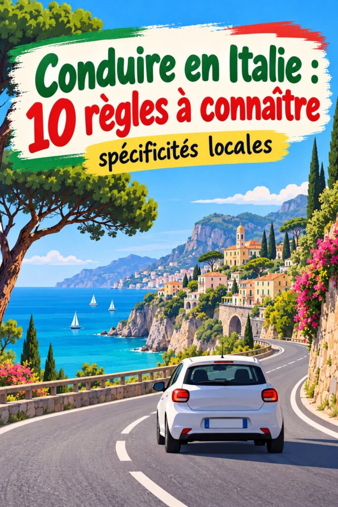 Une femme conduisant une voiture sur une route pittoresque en Italie, avec des paysages magnifiques en arrière-plan.