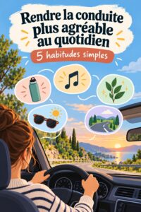 Femme conduisant paisiblement sa voiture, souriant pendant un trajet.